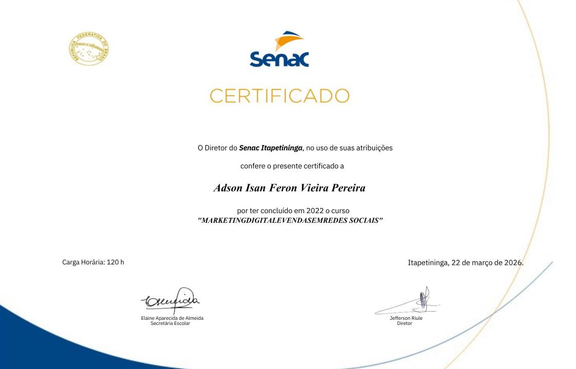 Certificado do SENAC — Marketing Digital e Vendas em Redes Sociais